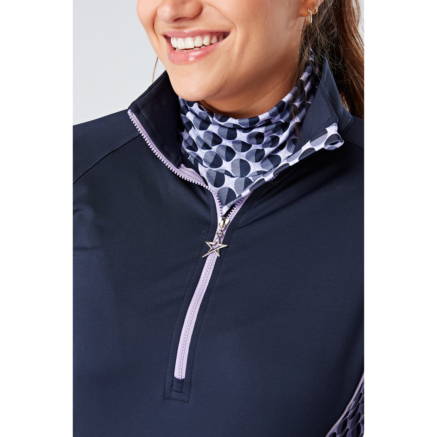 Swing Out Sister Ladies 1/4 Zip Top with Circular Pattern in Navy/Lavender