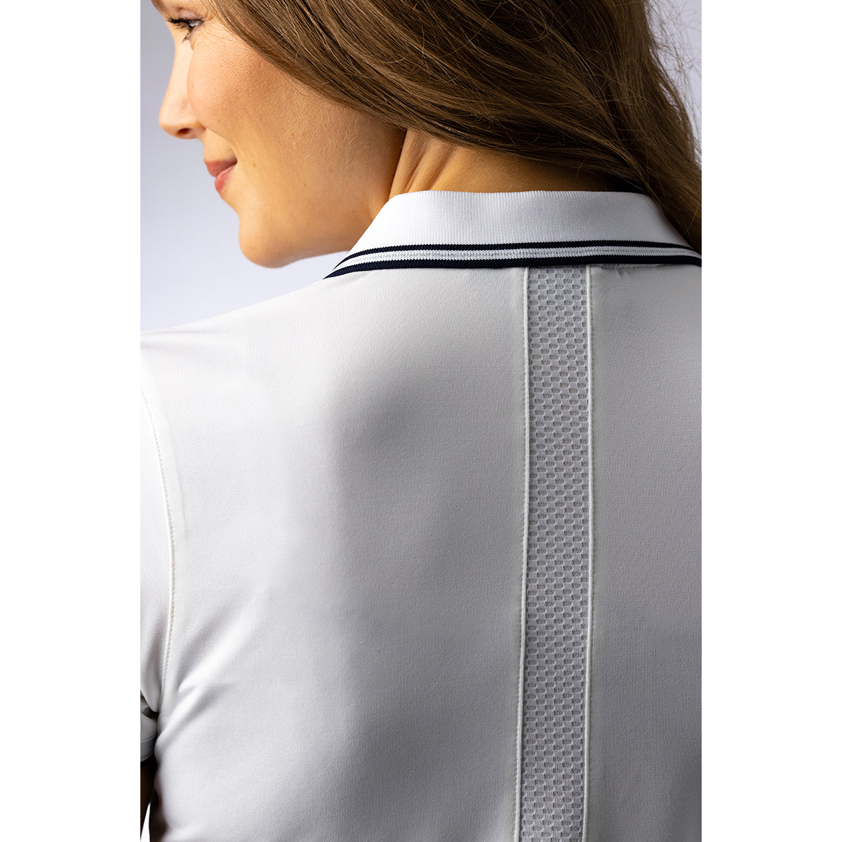 Glenmuir Ladies Short Sleeve Zip-Neck Polo in White & Navy with UPF50