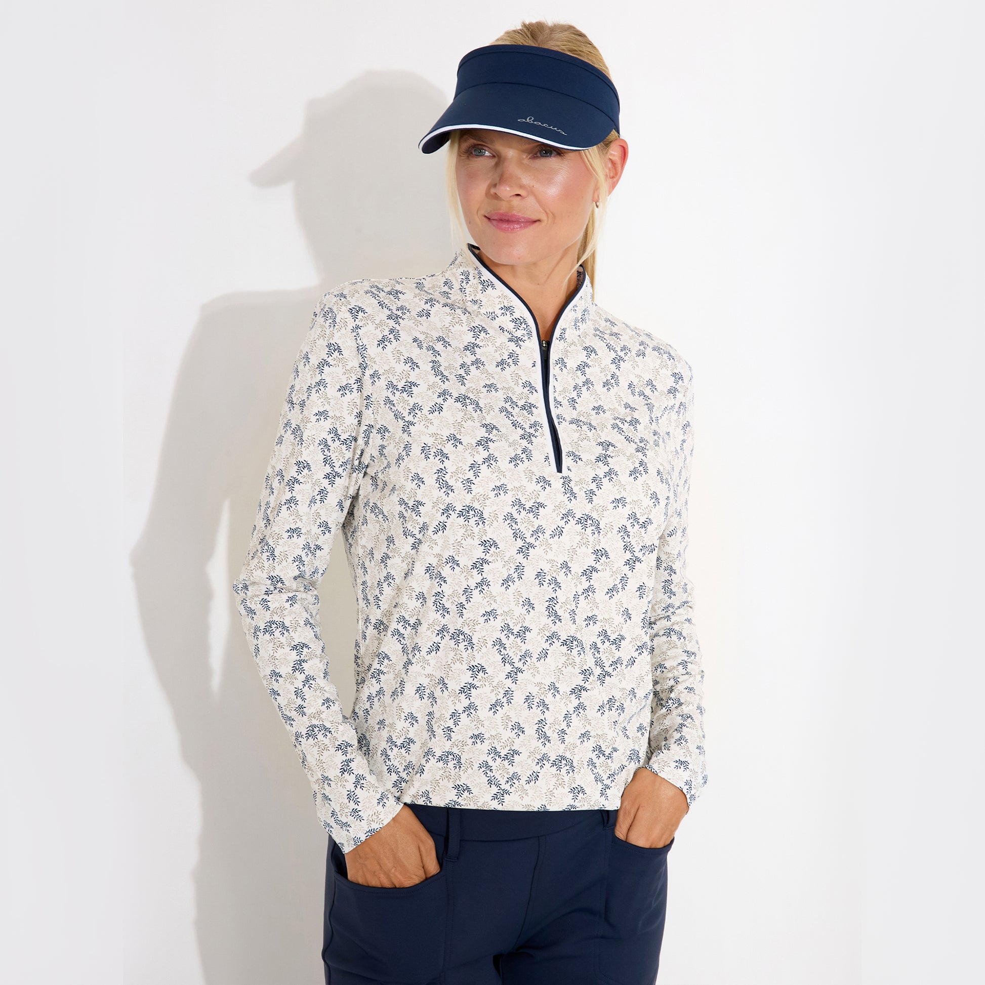 Abacus Ladies Zip-Neck Top with Delicate Leaf Print for Effortless Style & Comfort with Every Swing