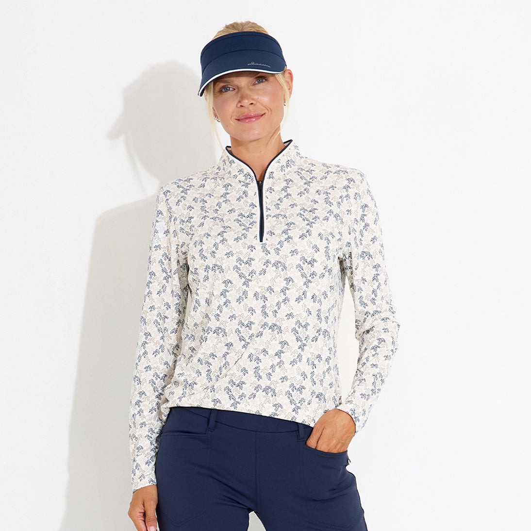 Abacus Ladies Zip-Neck Top with Delicate Leaf Print for Effortless Style & Comfort with Every Swing