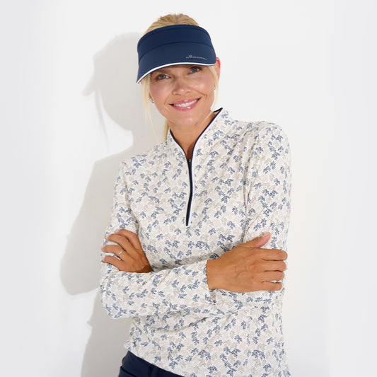 Abacus Ladies Zip-Neck Top with Delicate Leaf Print for Effortless Style & Comfort with Every Swing