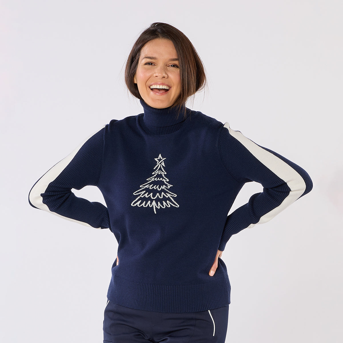 Swing Out Sister Christmas Sweater In Navy with Embroidered Sparkly Silver Christmas Tree