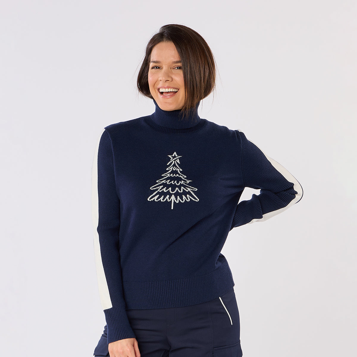 Swing Out Sister Christmas Sweater In Navy with Embroidered Sparkly Silver Christmas Tree