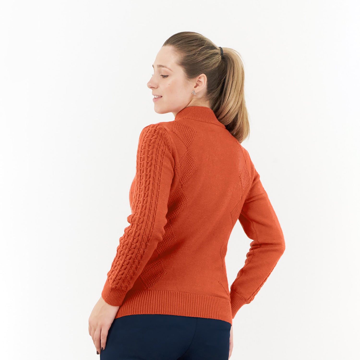 Pure Ladies Lined Zip-Neck Golf Sweater with Cable Knit Design