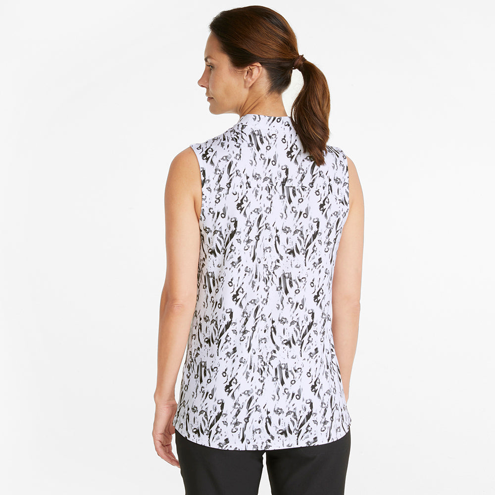 Puma Ladies Cloudspun Animal Print Sleeveless Polo in White & Black