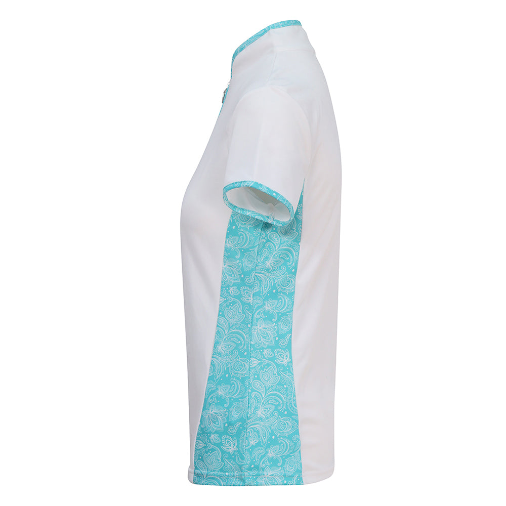 Pure Golf Ladies Cap Sleeve Polo in White & Ocean Blue Paisley Print
