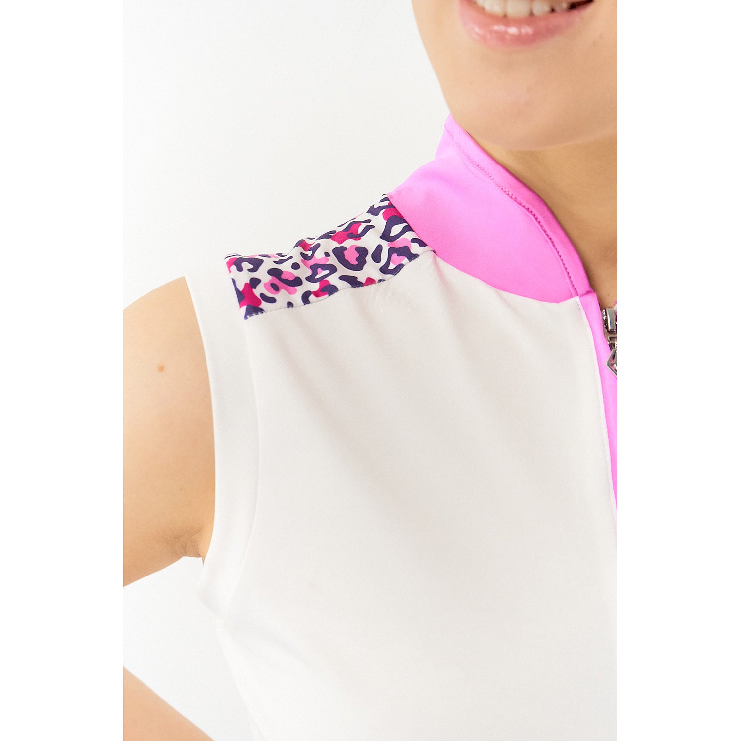 Pure Ladies Sleeveless Polo Shirt With Cheetah Print  On Shoulders