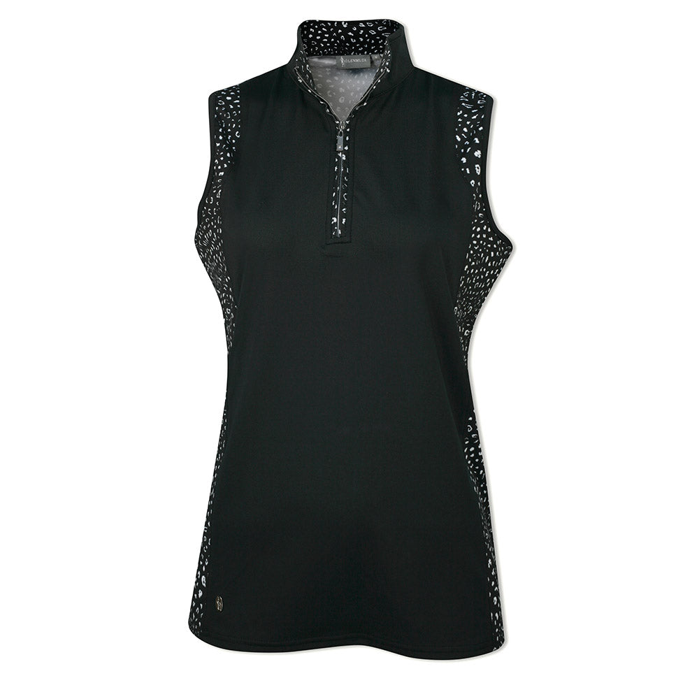 Glenmuir Ladies Sleeveless Polo with Contrast Print Panels in Black/White Animal Print