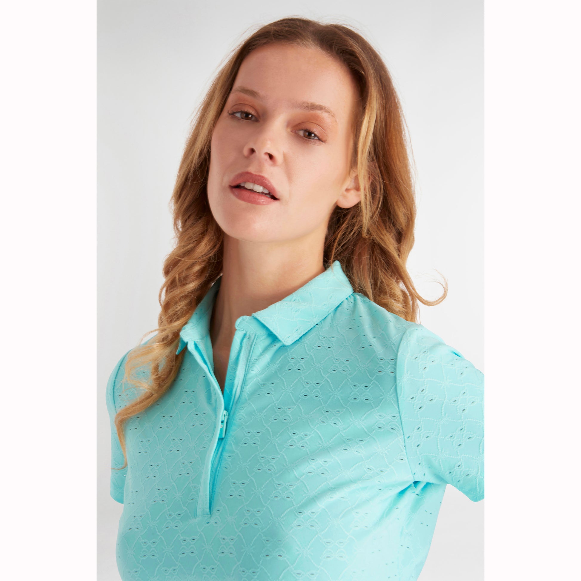 Green Lamb Women's Broderie Anglaise Pattern Polo in Aqua - Last One Size 8 Only Left