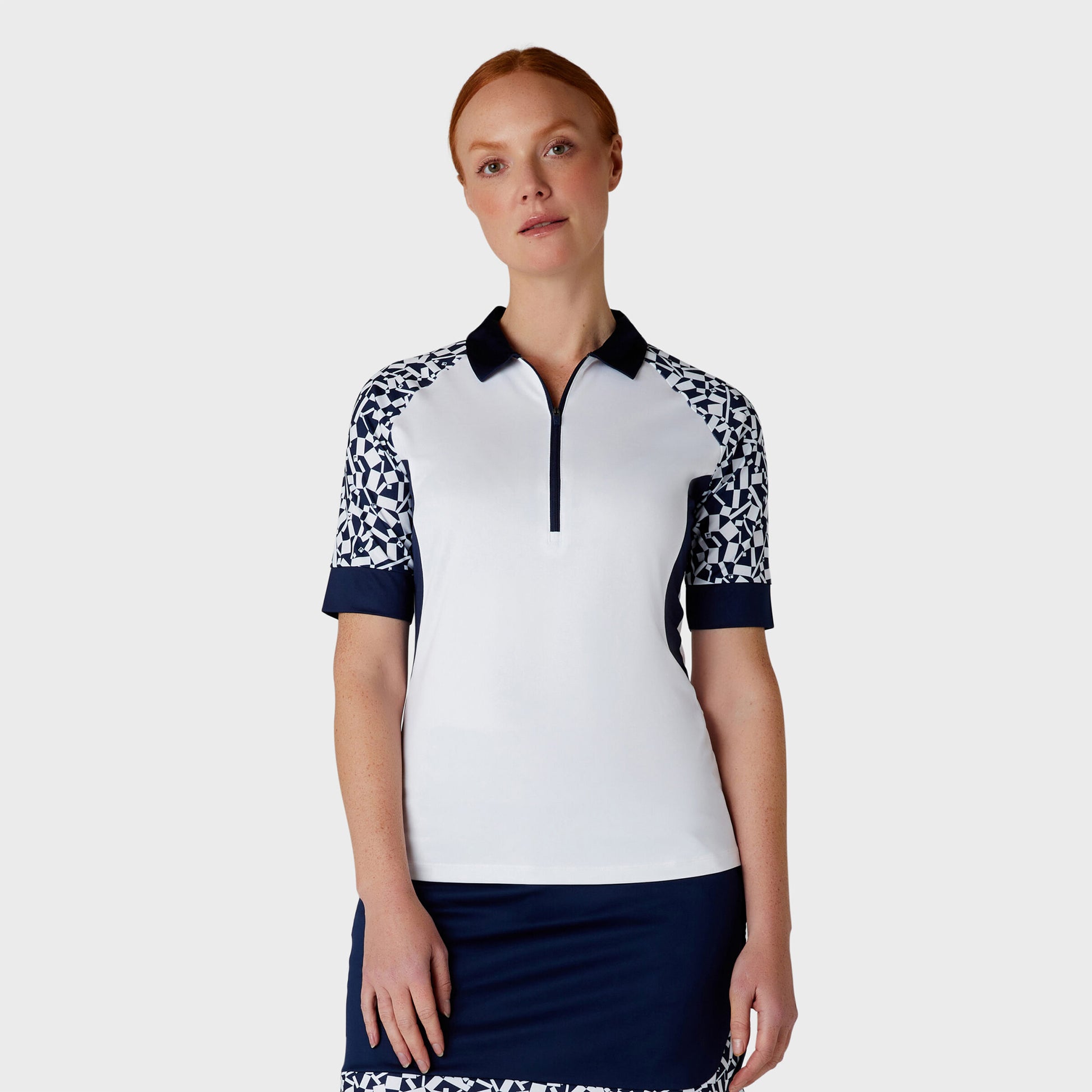 Callaway Ladies Two Tone Geo Print Half Sleeve Zip Golf Polo