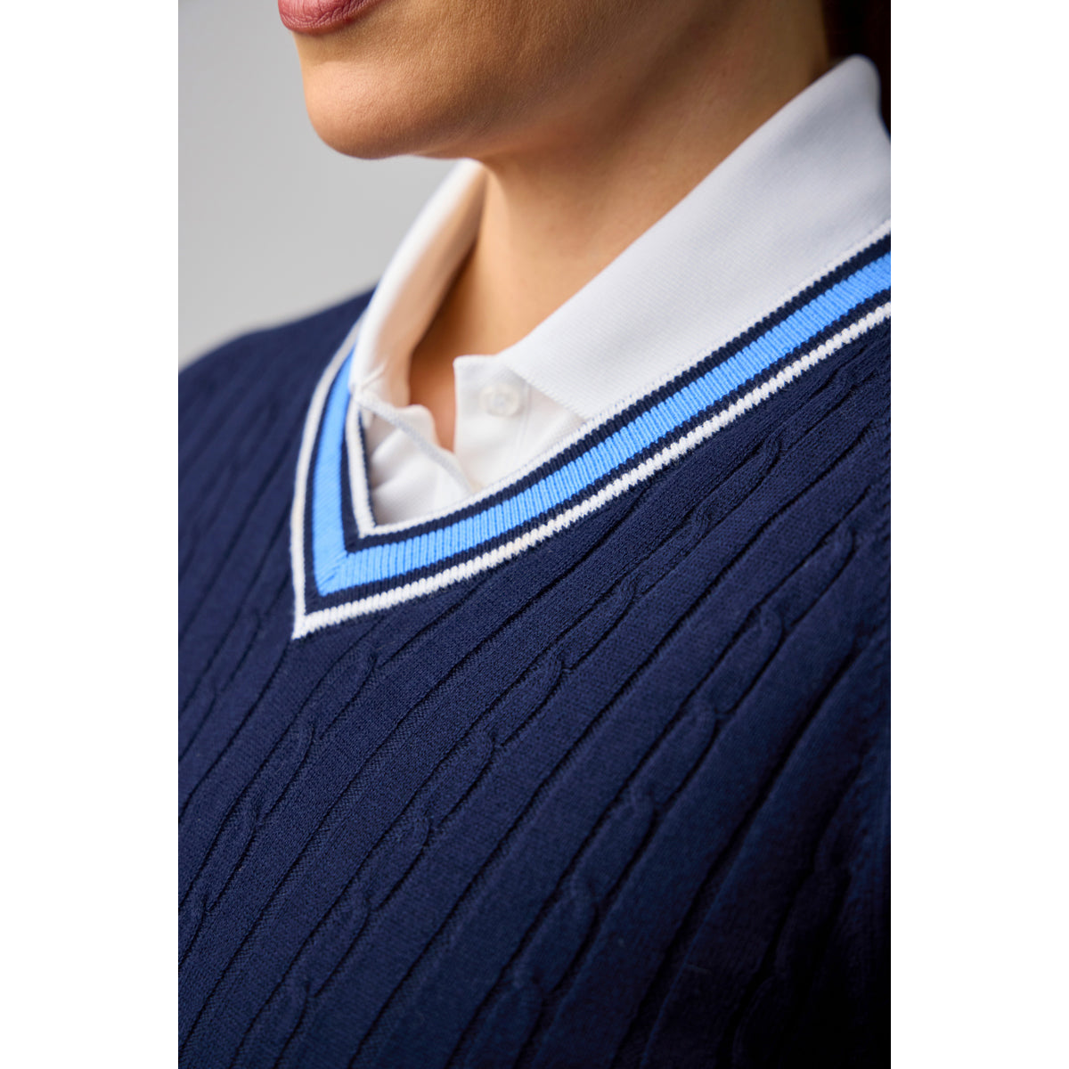 Glenmuir Ladies Navy Cable Knit Sweater with Contrast Trim