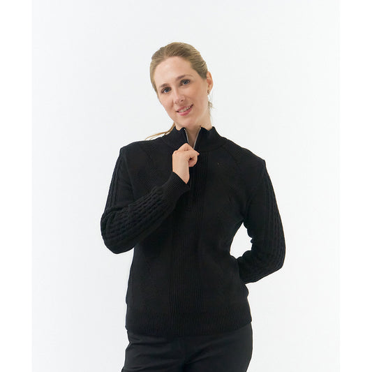 Pure Ladies Cable Knit Lined Quarter Zip Golf Sweater in Black