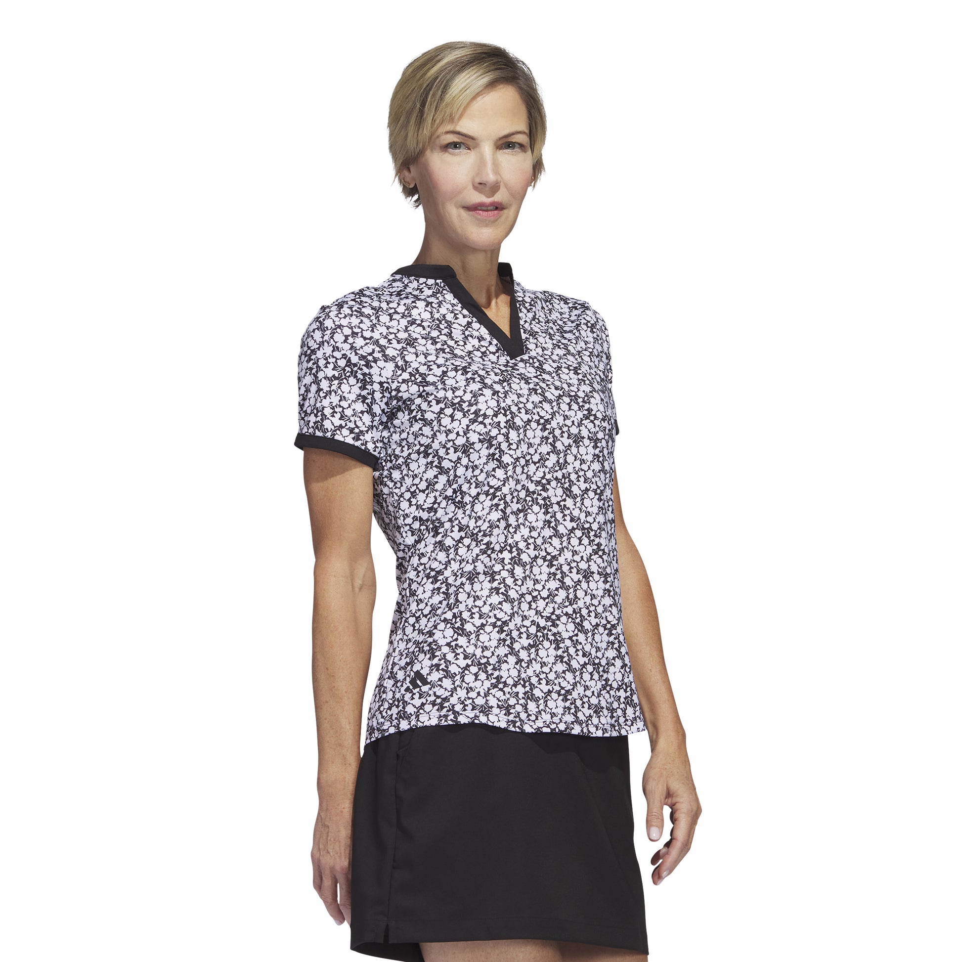 adidas Ladies Short Sleeve Golf Polo with Black & White Floral Print