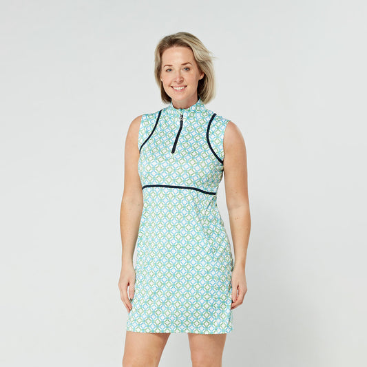 Swing Out Sister Ladies Sleeveless Golf Dress in Dazzling Blue and Emerald Mosaic Pattern
