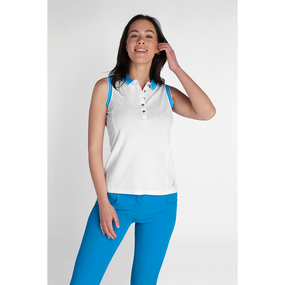 Green Lamb Ladies Organic Cotton Sleeveless Club Polo in White & Cobalt