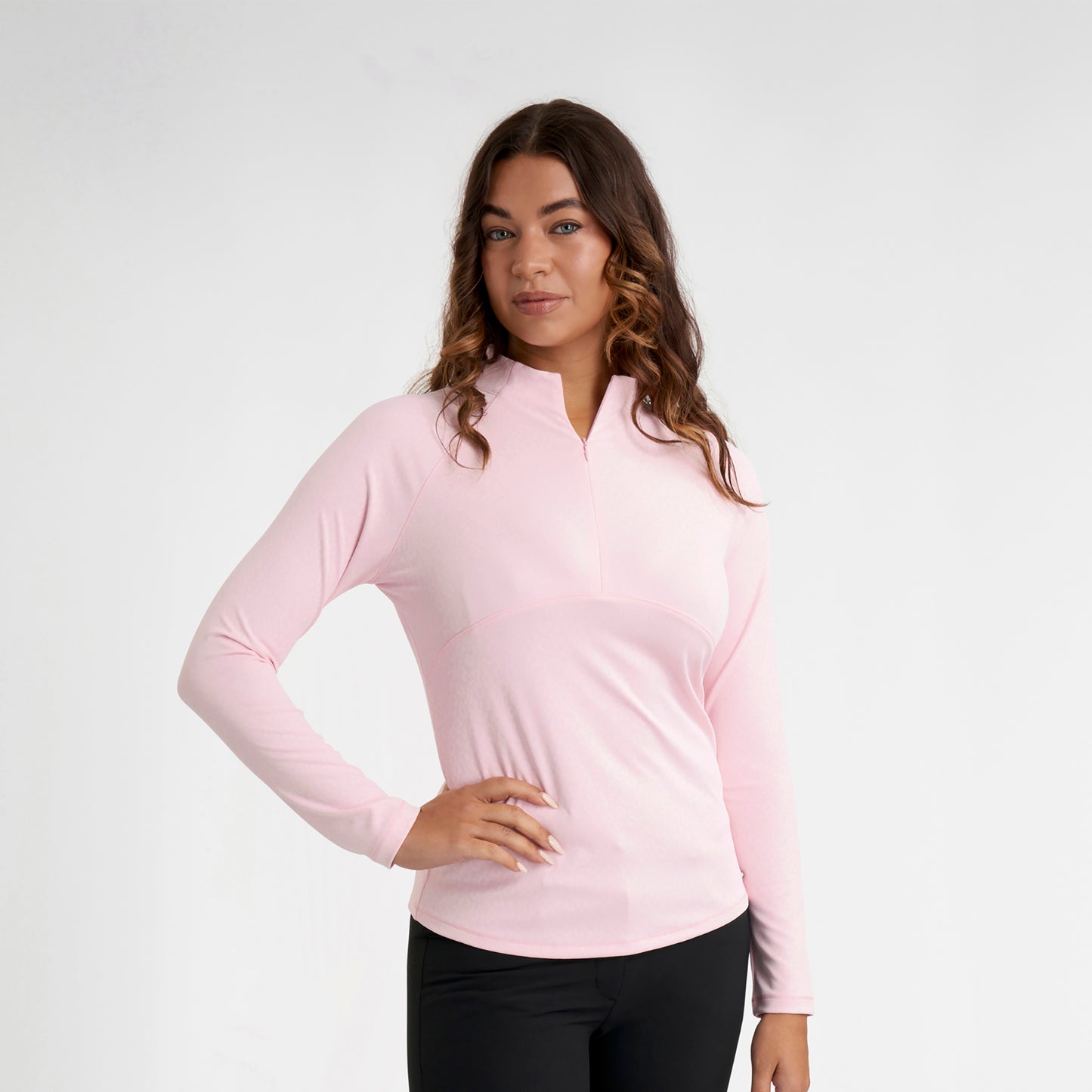 Green Lamb Ladies Lightweight 1/4 Zip Top with Jacquard Leopard Print