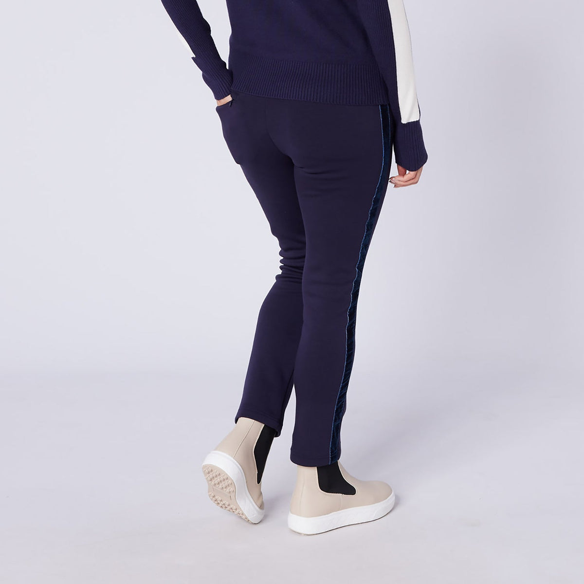 Swing Out Sister Thermal Pull-On Fleece Backed Trousers with Side Stripe in Navy