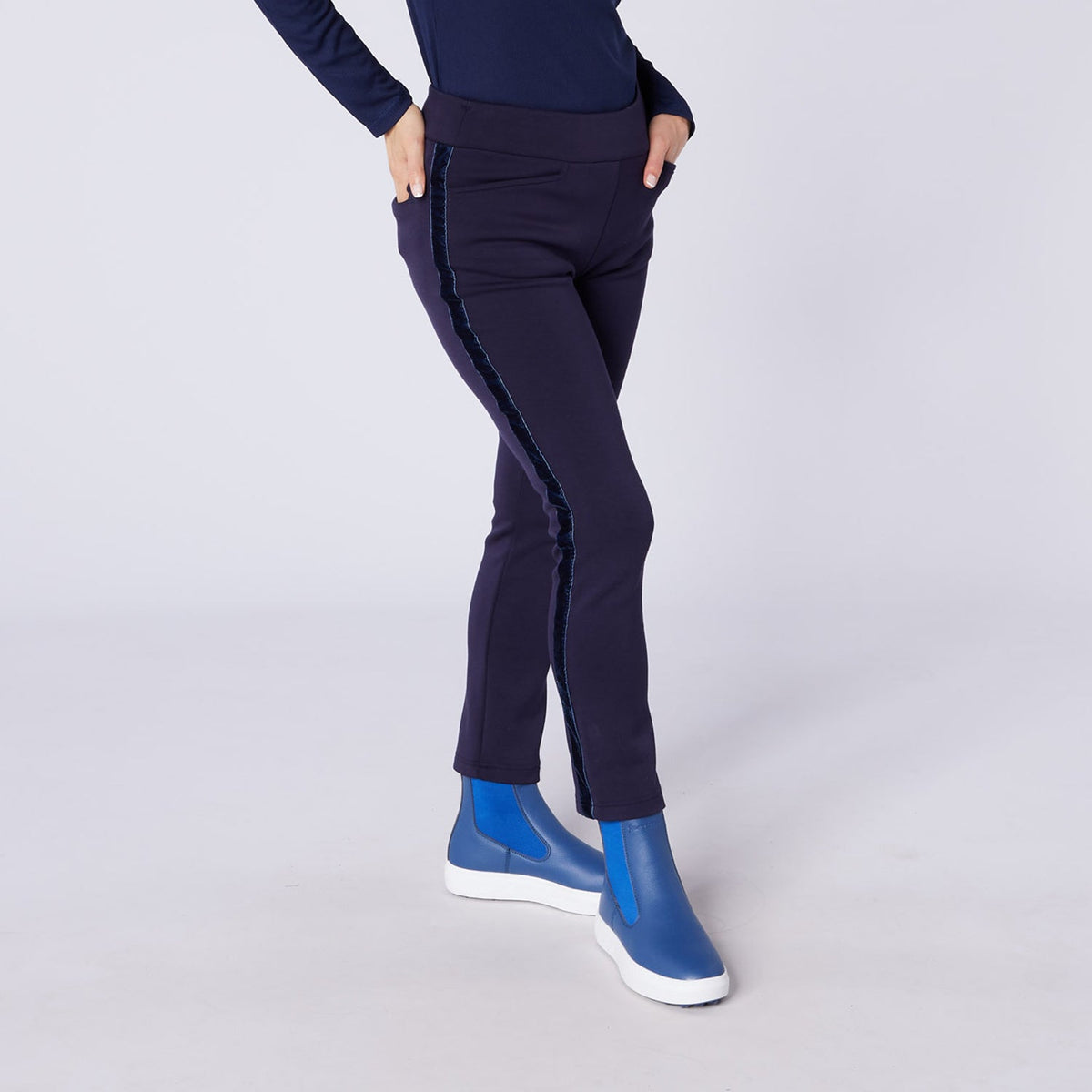 Swing Out Sister Thermal Pull-On Fleece Backed Trousers with Side Stripe in Navy