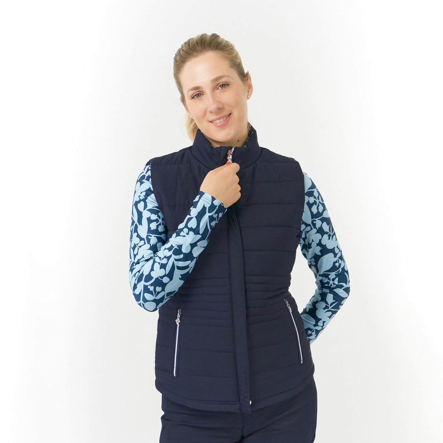 Pure Golf Ladies Reversible Gilet in Navy & Midnight Rose