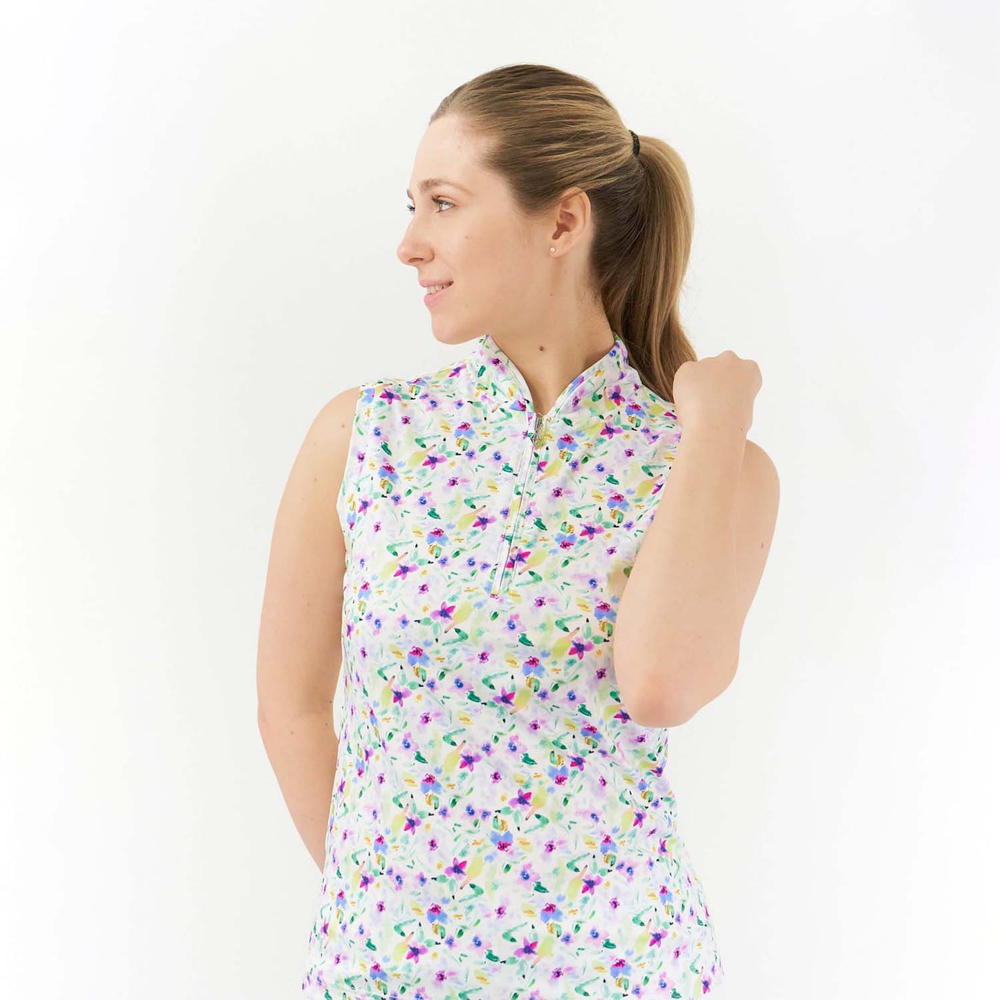 Pure Ladies Sleeveless Zip Neck Golf Top in Ethereal Bouquet Print