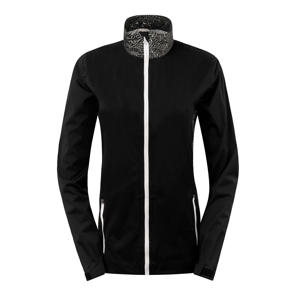 Pure Golf Ladies Lightweight Waterproof Jacket in Black and Cheetah Print