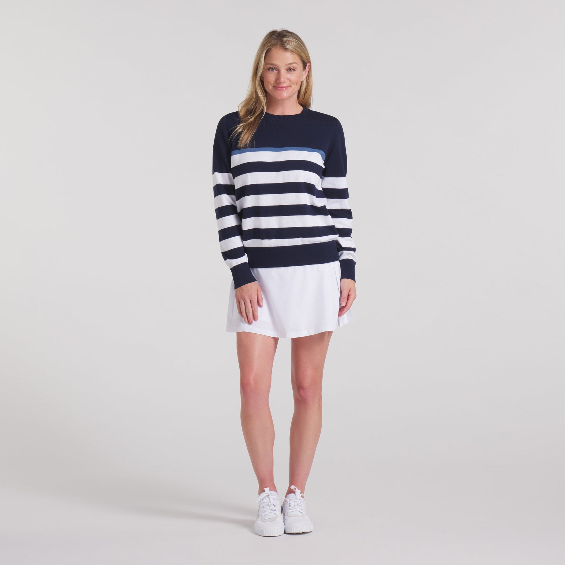 Puma Golf Ladies Crew Neck Stripe Sweater in Navy & White