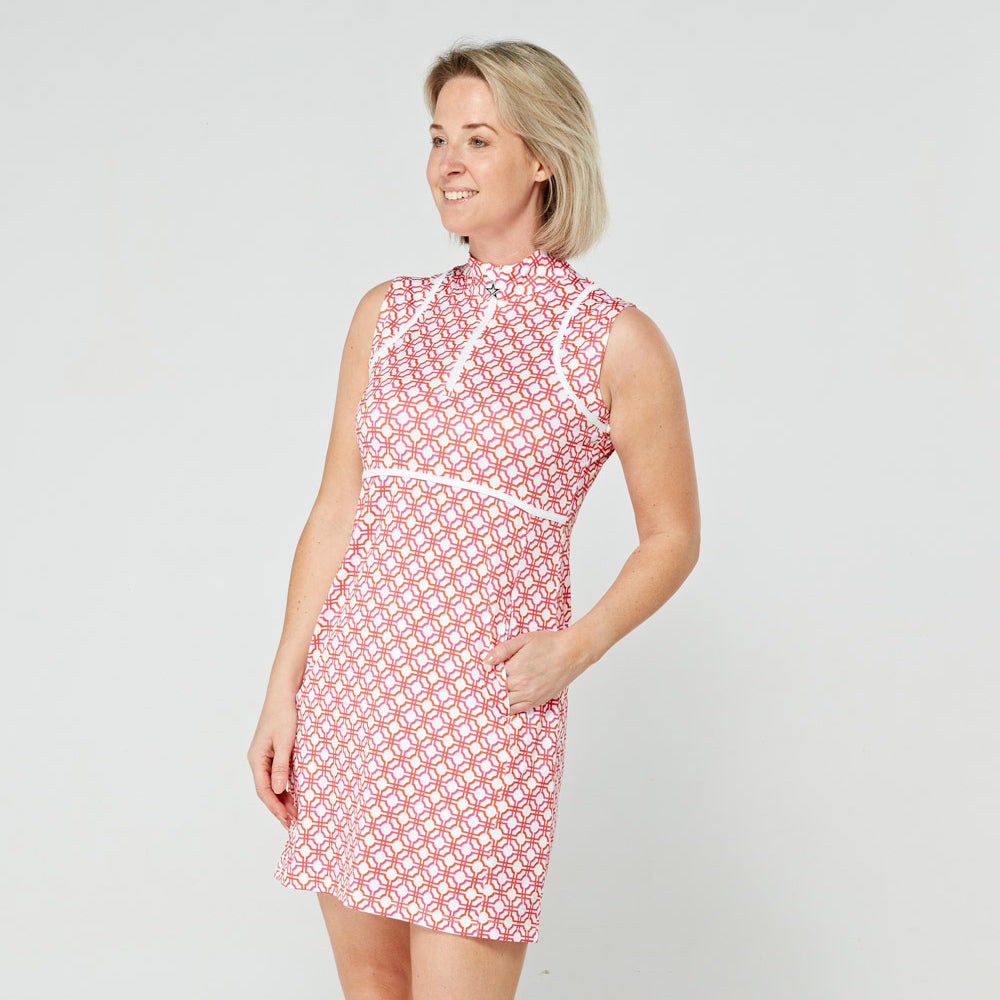 Swing Out Sister Ladies Sleeveless Golf Dress in Lush Pink and Mandarin Mosaic Pattern