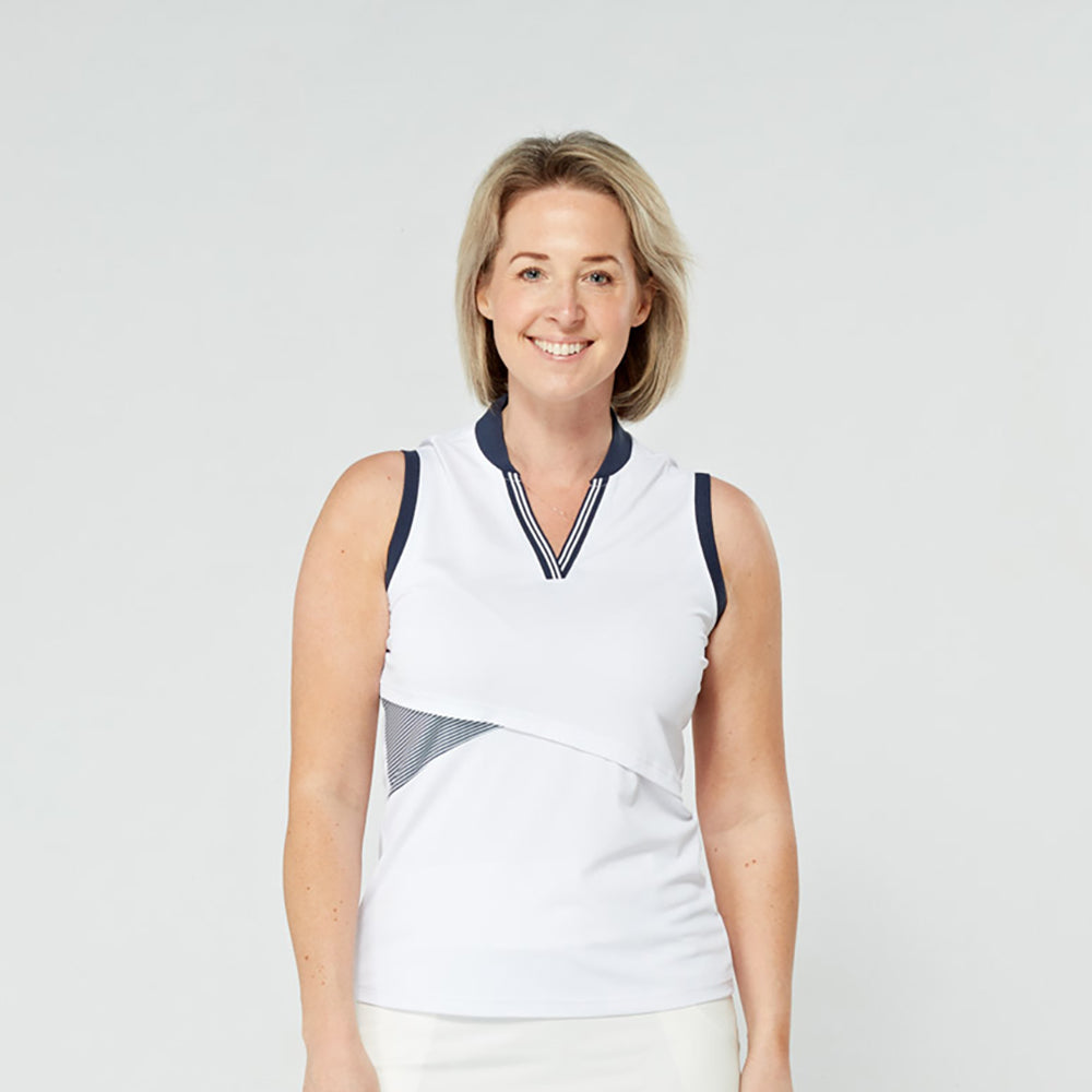 Swing Out Sister Ladies ELITE Sleeveless Polo in White with Navy Stripe