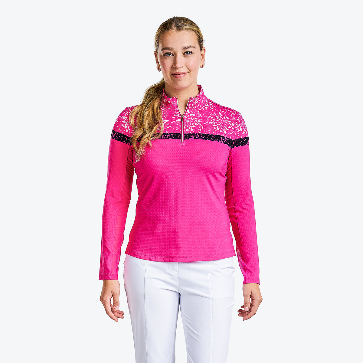 Nivo Ladies Grid Textured Long Sleeve Polo With Flower Print - Last One Small Only Left