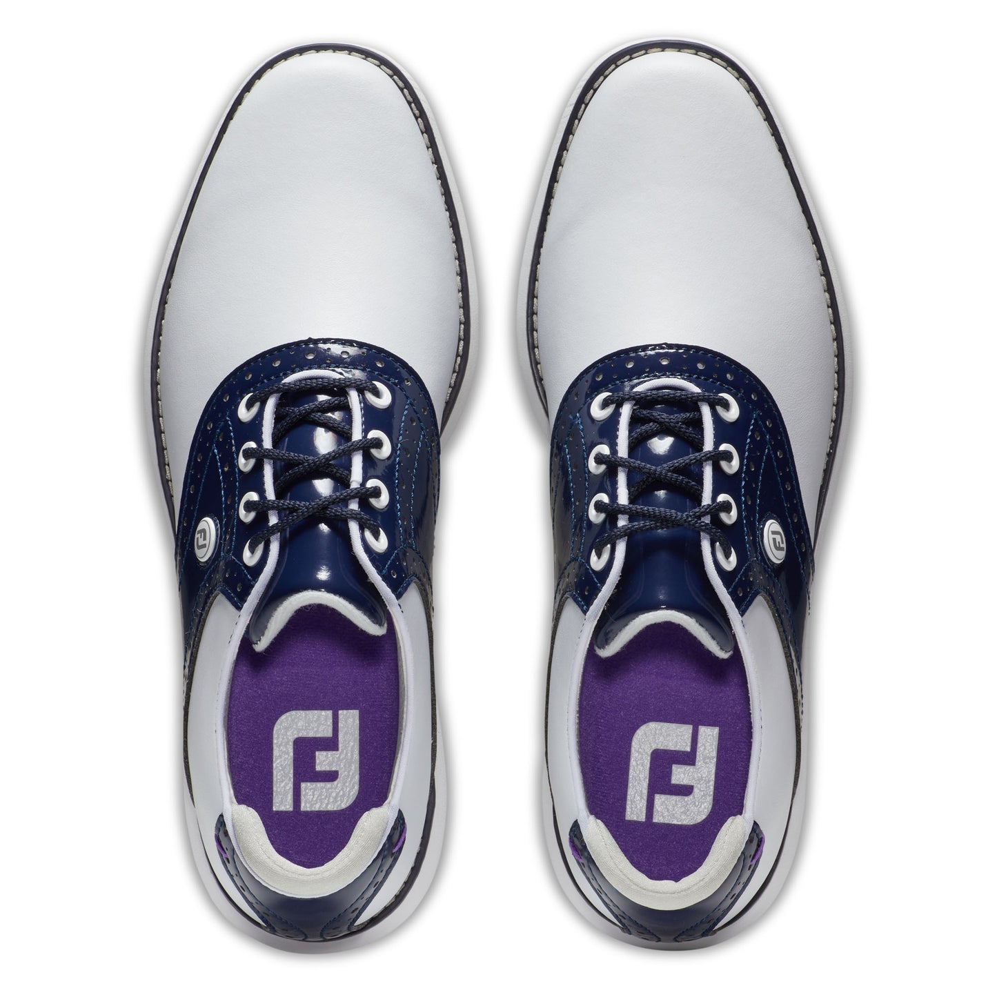 FootJoy Ladies Wide Fit Waterproof Spikeless Traditions Shoes in White, Navy & Purple