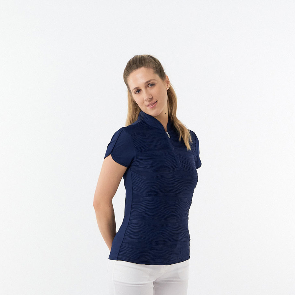 Pure Ladies Textured Wave Print Cap Polo Shirt in Navy