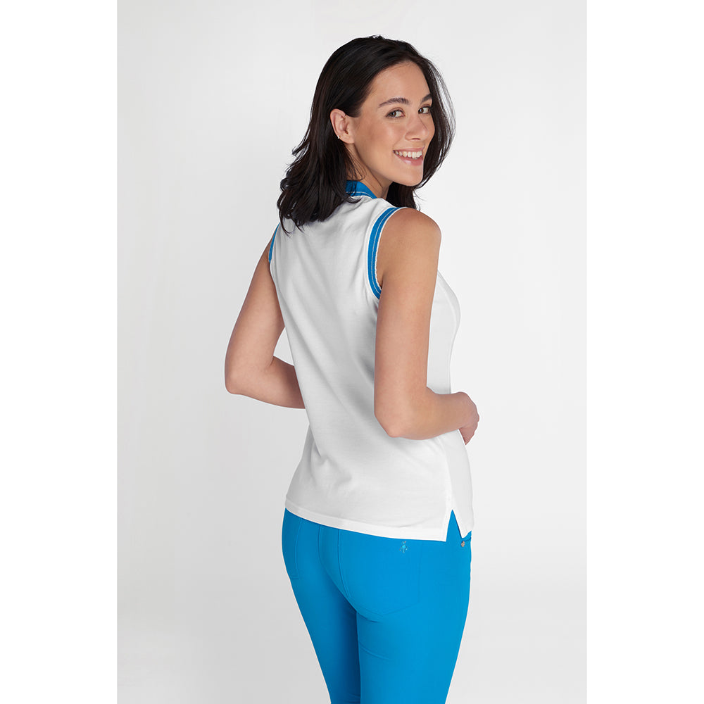 Green Lamb Ladies Organic Cotton Sleeveless Club Polo in White & Cobalt