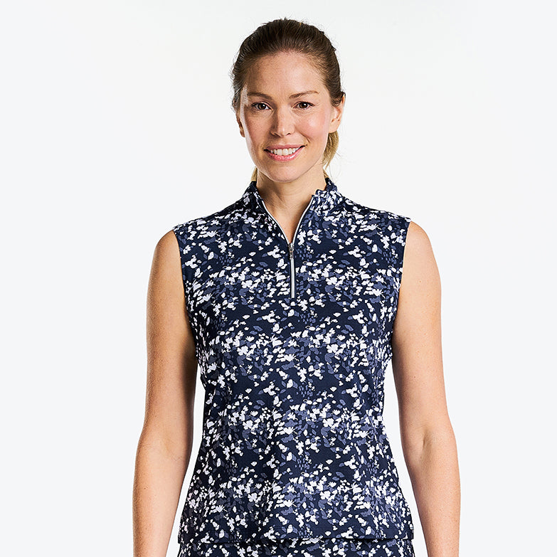 Nivo Ladies Small Flower Print Sleeveless Polo in Navy