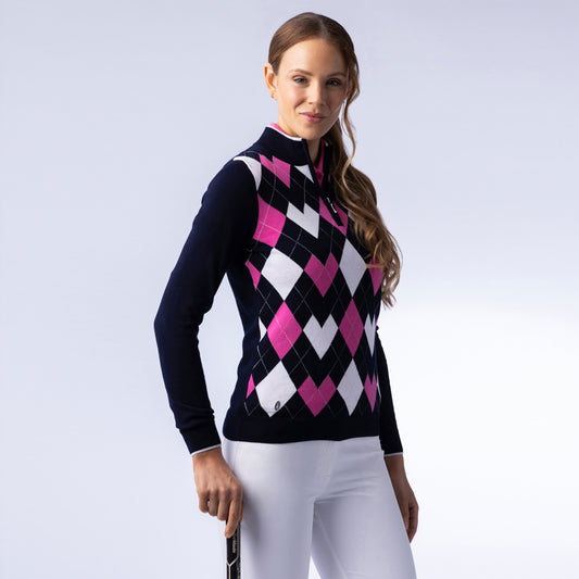Glenmuir Ladies Argyle Zip-Neck Sweater in Navy & Hot Pink