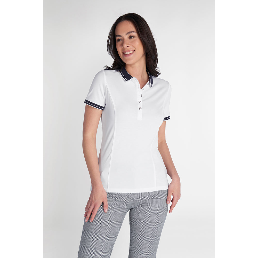 Green Lamb Ladies Organic Cotton Short Sleeve Club Polo in White & Navy