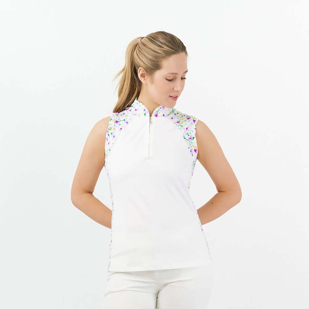 Pure Golf Sleeveless Polo with Ethereal Bouquet Print Panels & Zip Neck