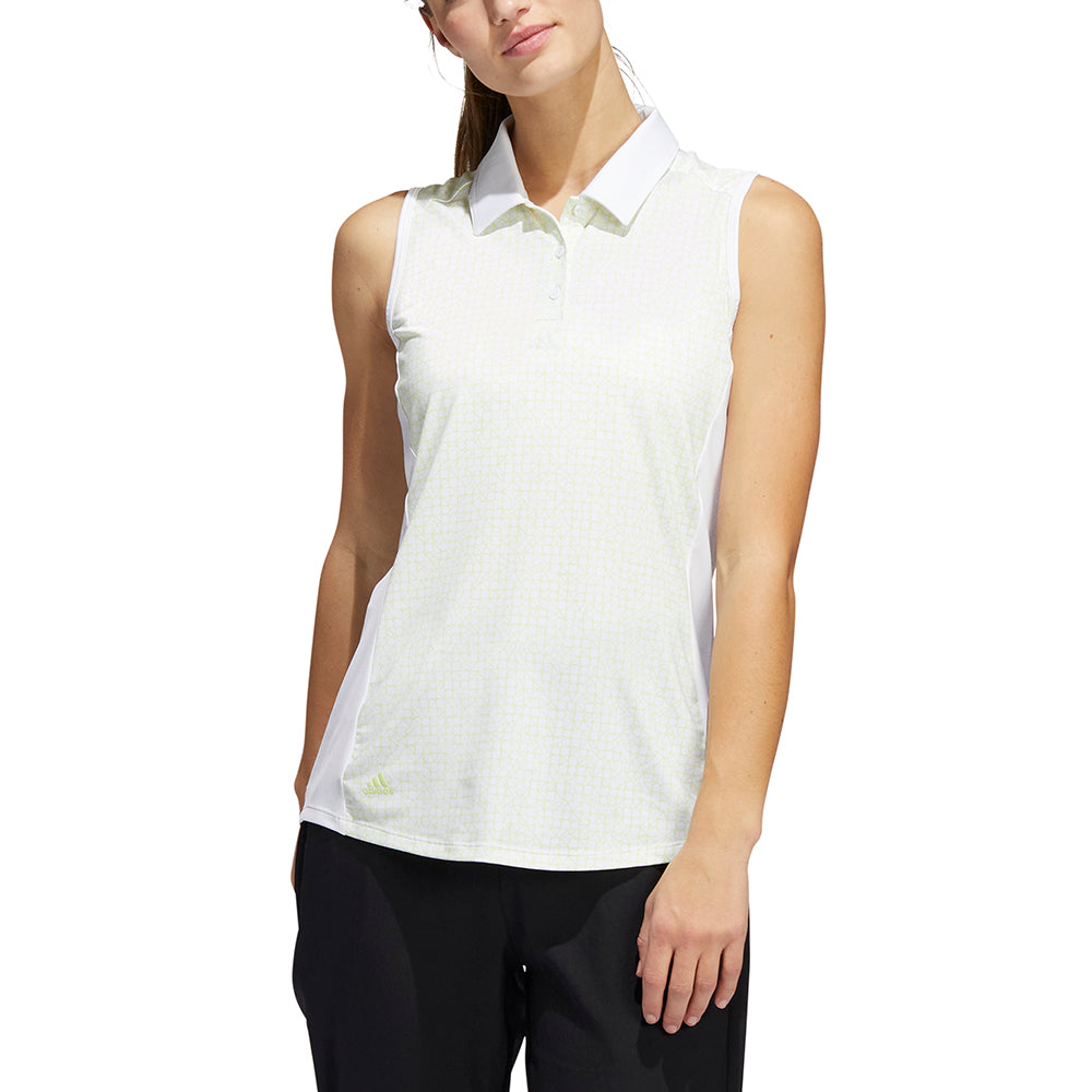 adidas Ladies Ultimate365 Sleeveless Polo in White & Lime Print
