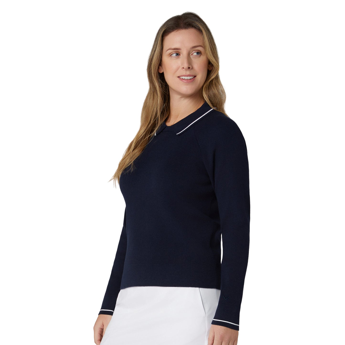 Callaway Ladies Smart Ribbed Sweater in Navy with Attached Collar For A Standout Look
