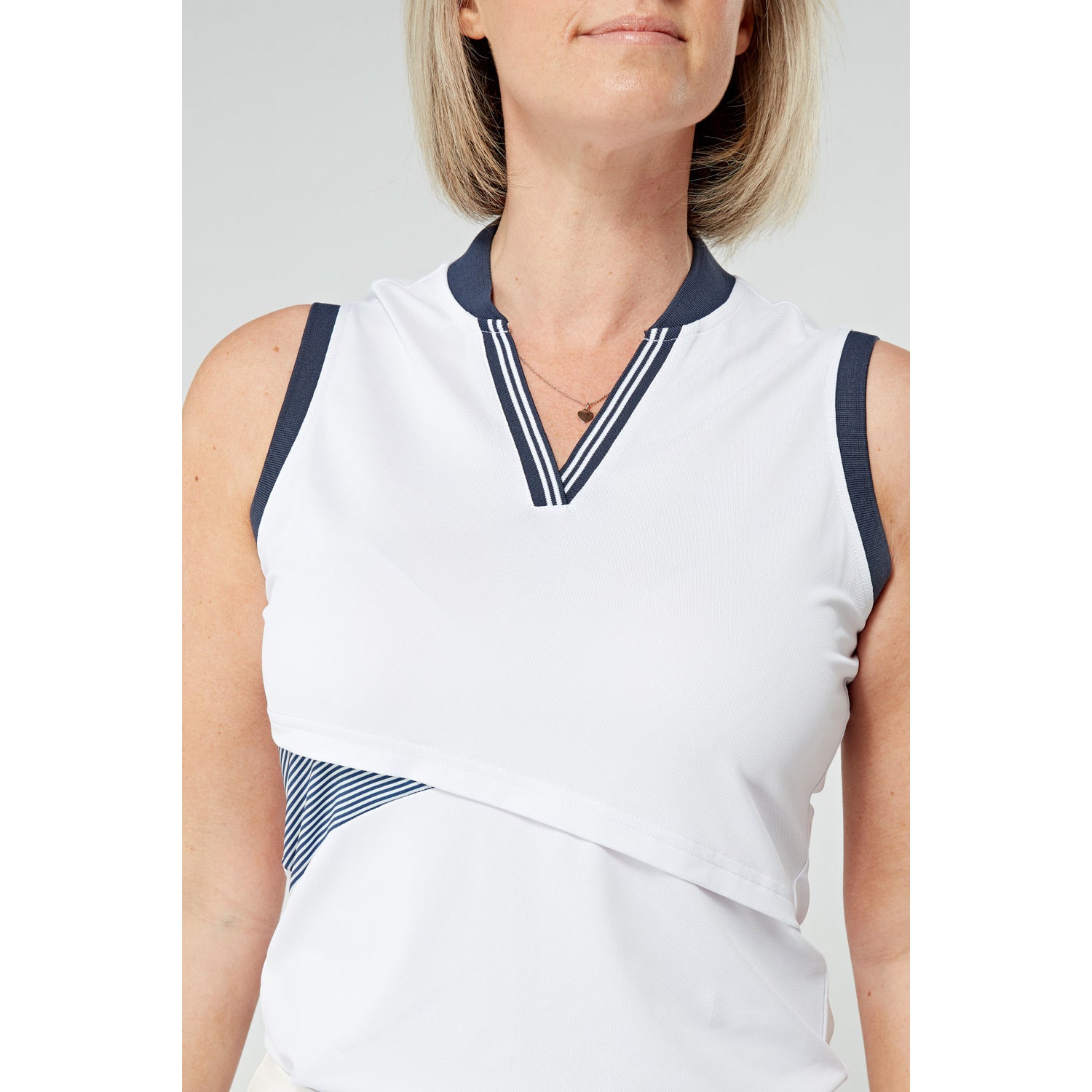 Swing Out Sister Ladies ELITE Sleeveless Polo in White with Navy Stripe