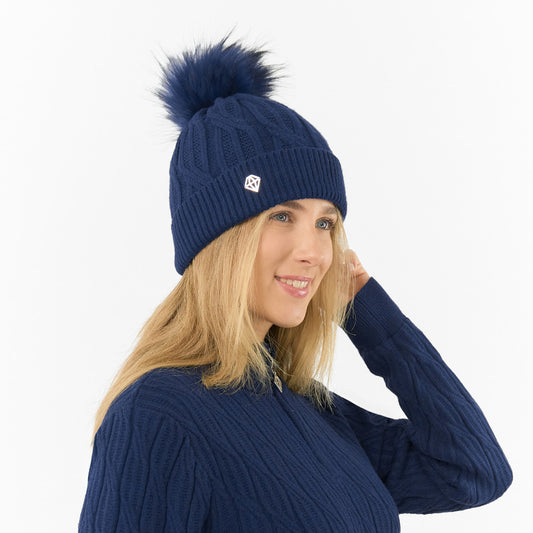 Pure Golf Ladies Lined Waterproof Bobble Hat with Cable Knit Design in Navy
