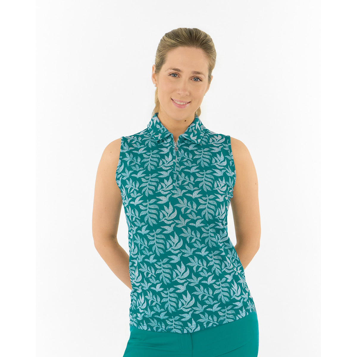 Pure Golf Ladies Sleeveless Polo in Botanical Print for Fresh, Feminine Style