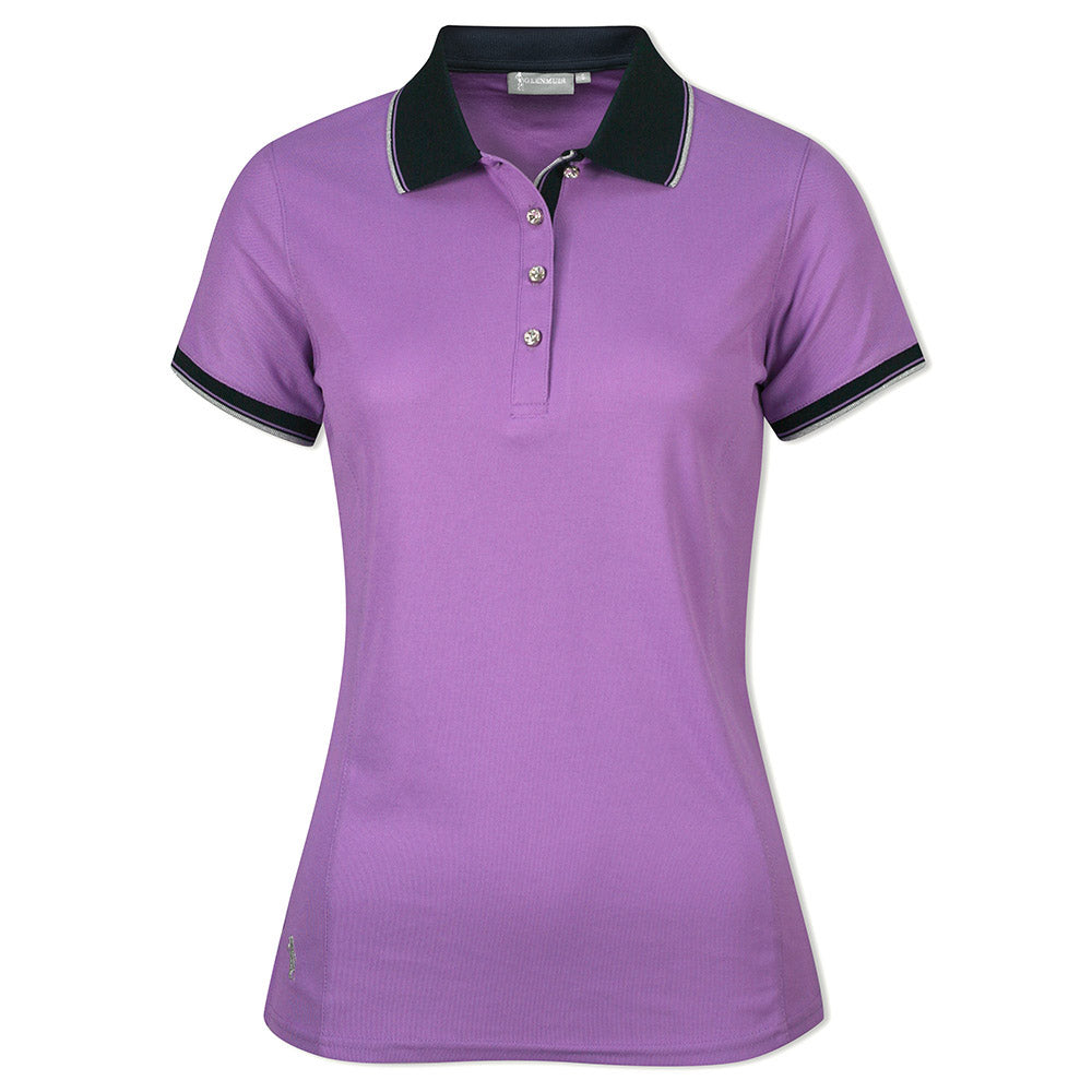 Glenmuir Ladies Rhinestone Buttoned Short Sleeve Polo Shirt in Amethyst/Navy/Silver