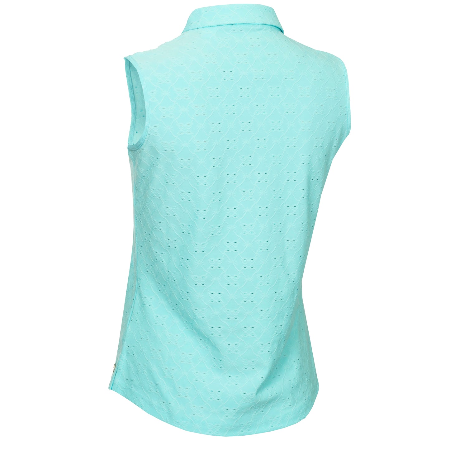 Green Lamb Ladies Sleeveless Polo with Broderie Anglaise Pattern in Aqua