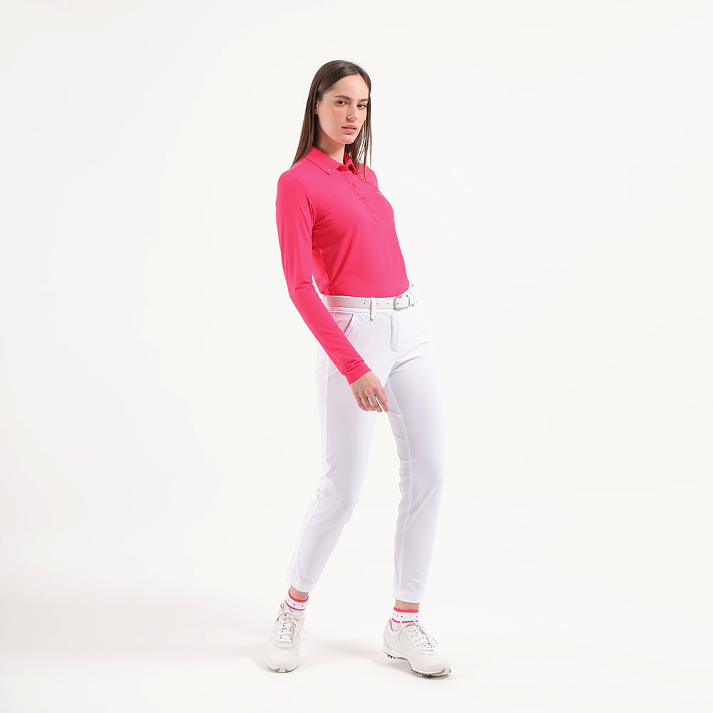 Chervo Ladies Ruffle Detail Long Sleeve Polo in Clematis Pink