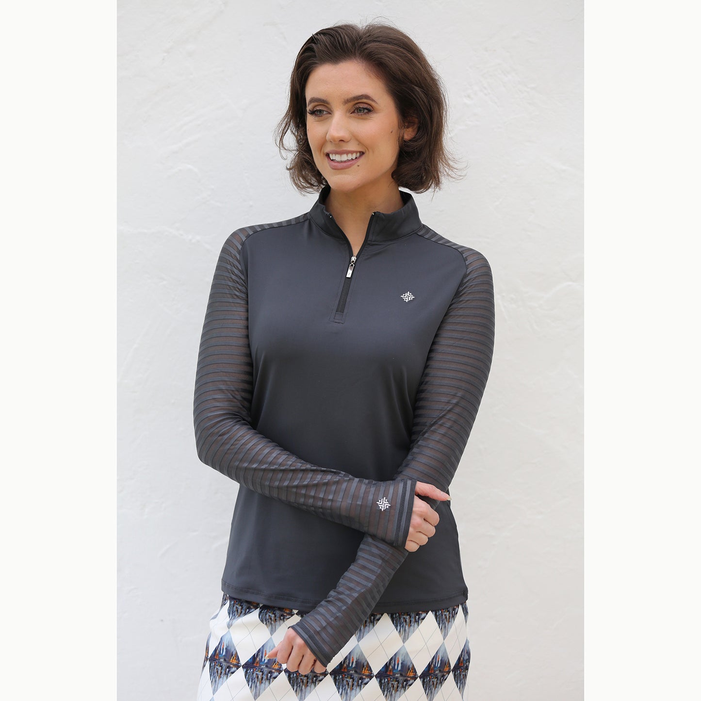 FAMARA Ladies Long Sleeve Charcoal Top with Sheer Striped Sleeves