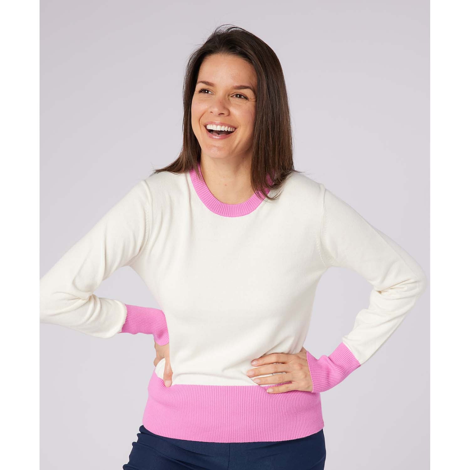 Swing Out Sister Ladies Colour Block Knitted Sweater - Feminine Comfort & Course Ready Style
