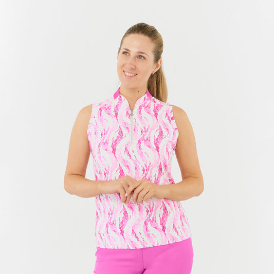 Pure Ladies Sleeveless Polo with Sweetheart Collar in Petal Print