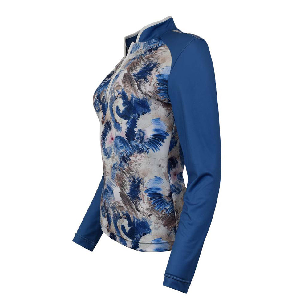 Pure Golf Ladies Long Sleeve Zip-Up Polo in Stone Canvas and Petrol Blue