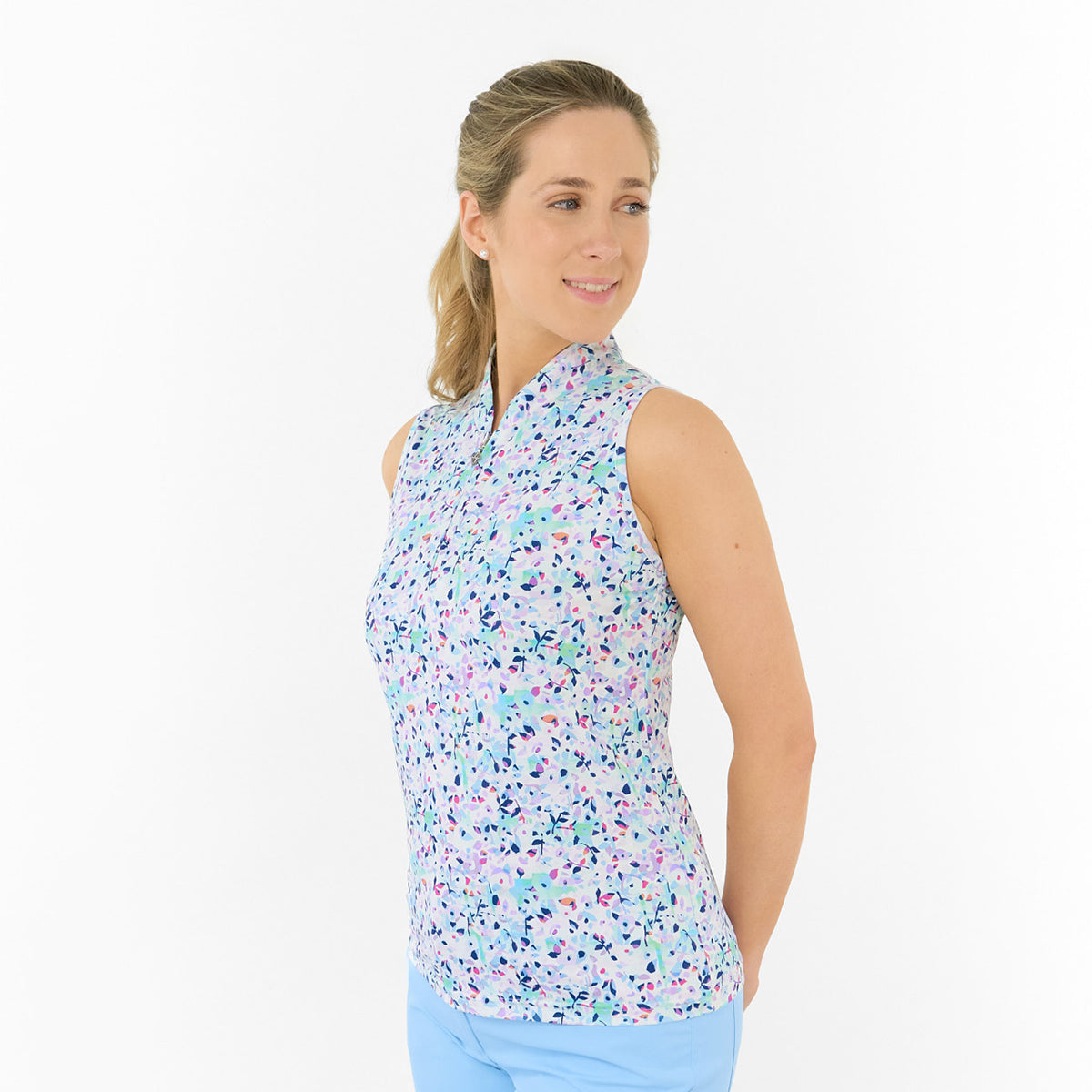 Pure Golf Ladies Sleeveless Polo in Abstract Nature Print – Inspired by Nature, Designed for Performance