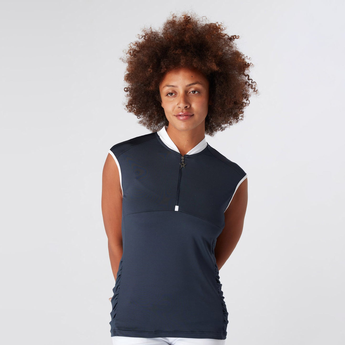 Swing Out Sister Ladies Cap Sleeve Polo with Ruched detail in Navy Blazer